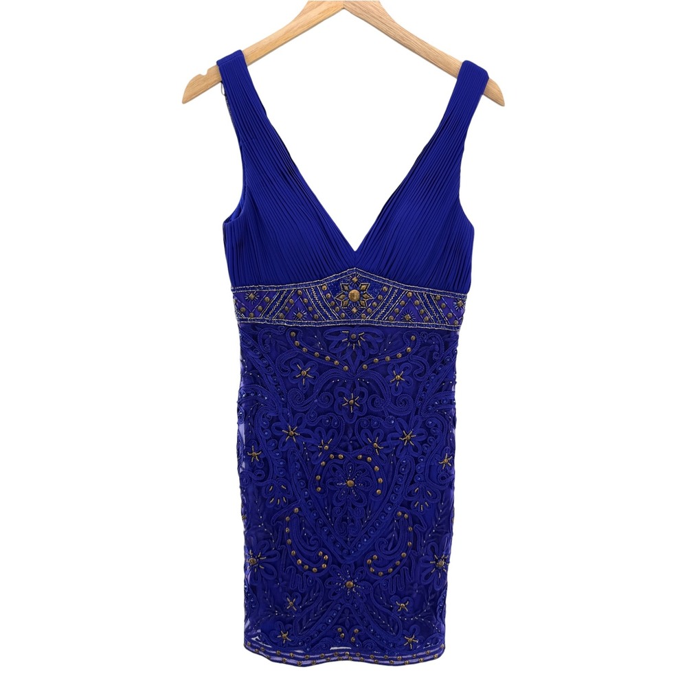 VTG Sue Wong Nocturne Royal Blue Gold Embellished Cocktail Dress Size 6 Pleated